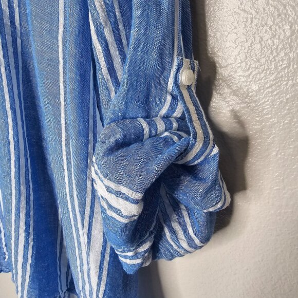 Soft Surrounding 1X Blue Striped Linen Blend Roll Tab Top Nautical Coastal Beach - Picture 3 of 6